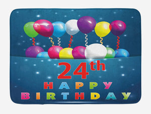 Ambesonne 25th Birthday Bath Mat, 24th Birthday Party Joyous Mood Occasion Flying Baloons Stars Happy Vibes, Plush Bathroom Decor Mat with Non Slip Backing, 29.5" X 17.5", Blue Red