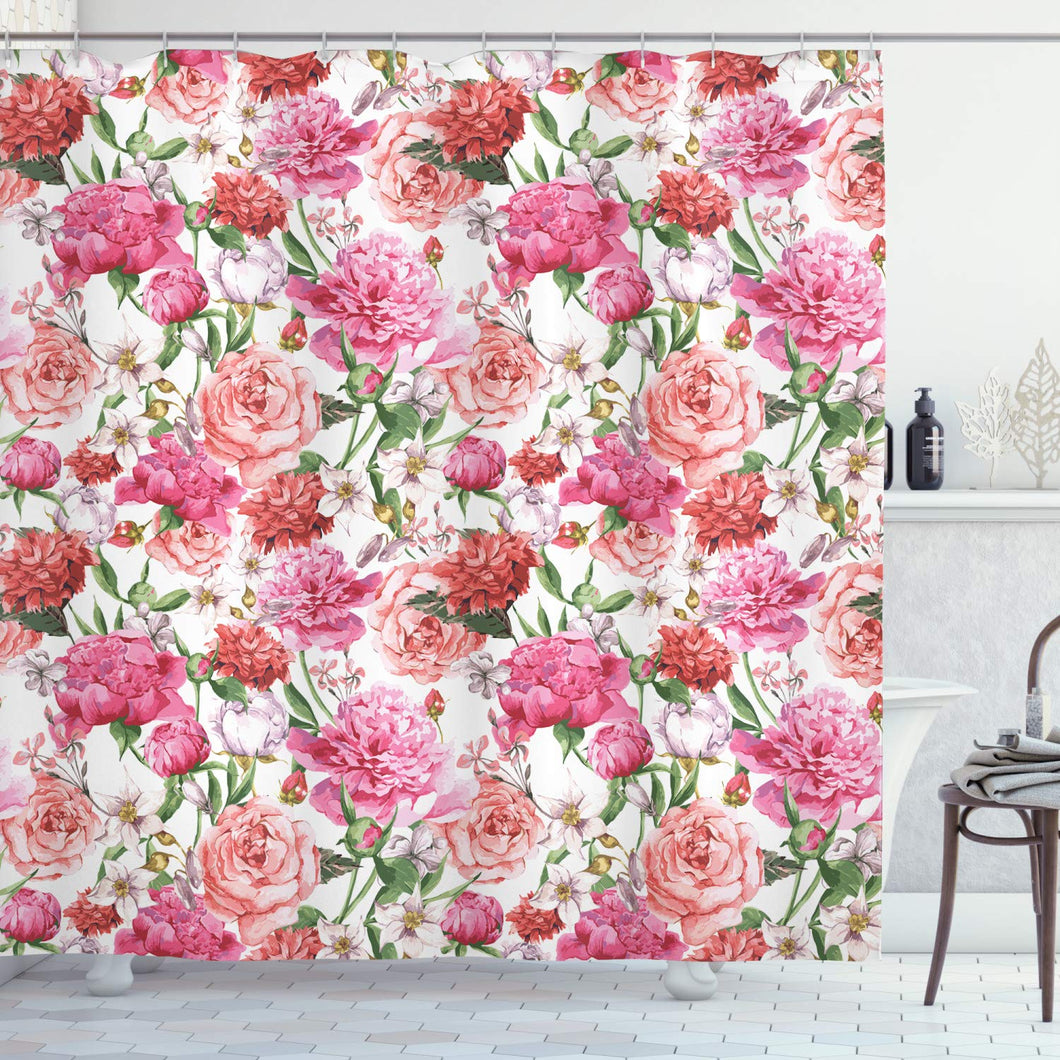 Ambesonne Watercolor Flower Shower Curtain, Victorian Floral Pattern Painting Style Print with Peonies and Roses, Cloth Fabric Bathroom Decor Set with Hooks, 84