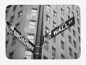 Ambesonne New York Bath Mat, Street Signs of Intersection of Wall Street and Broadway Finance Destinations, Plush Bathroom Decor Mat with Non Slip Backing, 29.5" X 17.5", White Black