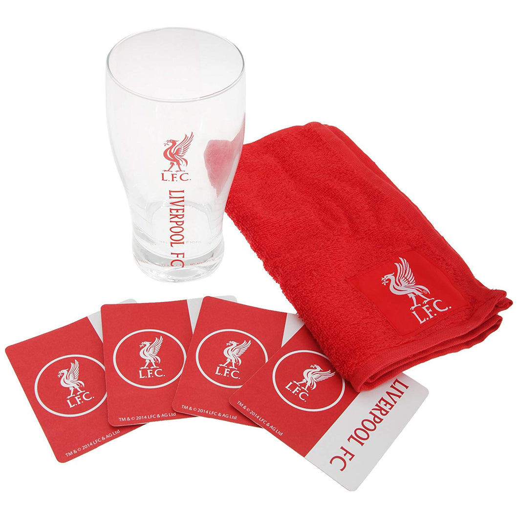 Liverpool FC Official Wordmark Football Bar Set (Pint Glass, Towel & Beer Mats) (One Size) (Red/White)