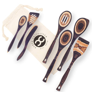 Exotic Pakkawood 7-Piece Kitchen Utensil Set with Spoon, Slotted Spoon, Spatula, Corner Spoon, Small Spoon, Small Spatula/Turner, Spreader - Earth Friendly Material - by Crate Collective (Earth)