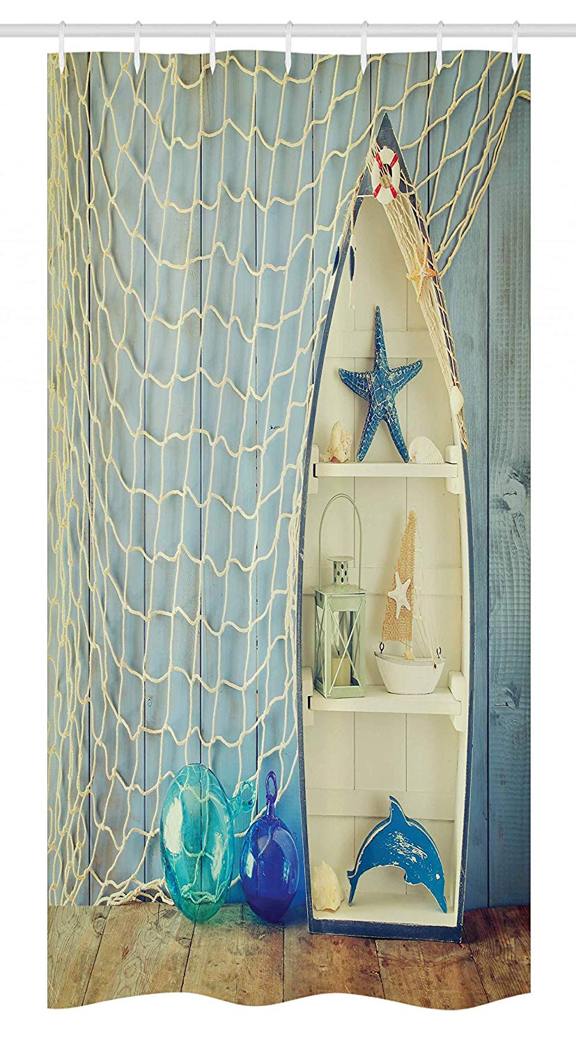 Ambesonne Nautical Stall Shower Curtain, Nautical Boat Standing Against The Wall Other Aquatic Objects Sea Featured Picture, Fabric Bathroom Decor Set with Hooks, 36