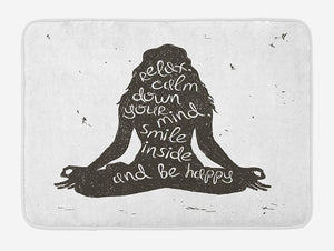 Lunarable Yoga Bath Mat, Relax Calm Down Smile Be Happy Typography Poster Woman Silhouette Sitting Yoga, Plush Bathroom Decor Mat with Non Slip Backing, 29.5 W X 17.5 L Inches, Green White