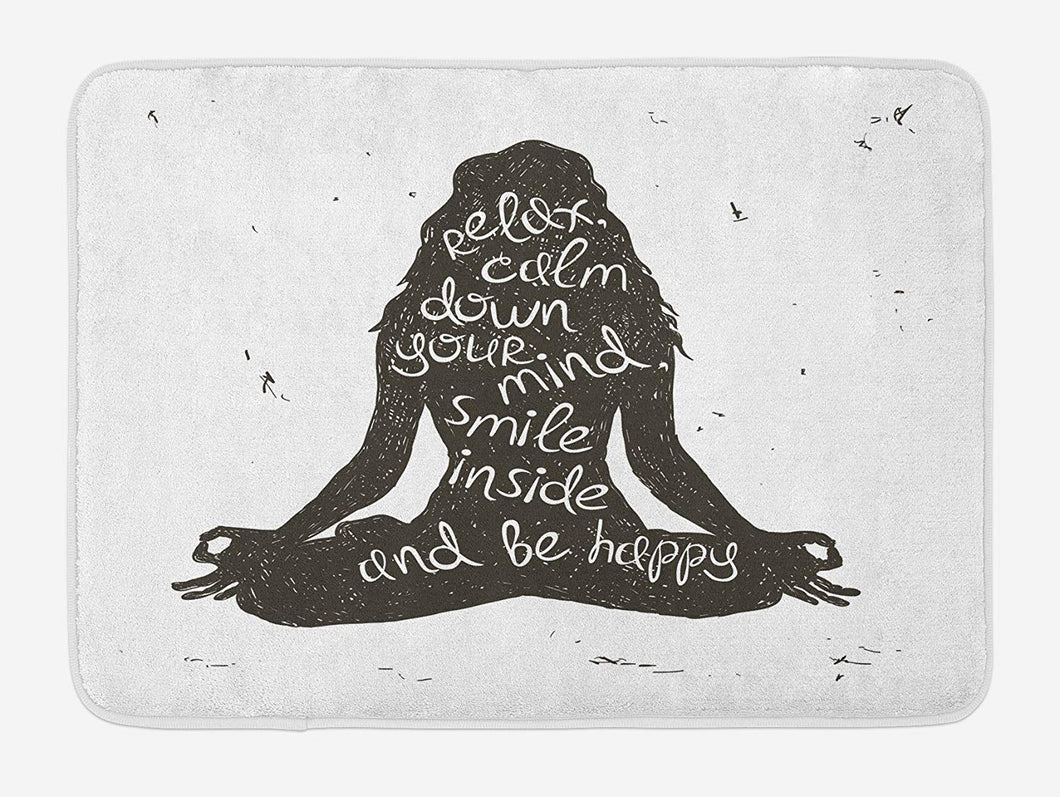 Lunarable Yoga Bath Mat, Relax Calm Down Smile Be Happy Typography Poster Woman Silhouette Sitting Yoga, Plush Bathroom Decor Mat with Non Slip Backing, 29.5 W X 17.5 L Inches, Green White