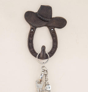 Cast Iron Cowboy Hat and Horse Shoe Single Wall Hook/Hanger | Decorative Wall Mounted Coat Hook | Rustic Cast Iron | 3.9x1.2" - With Screws And Anchors by Comfify CA-1504-04-BR