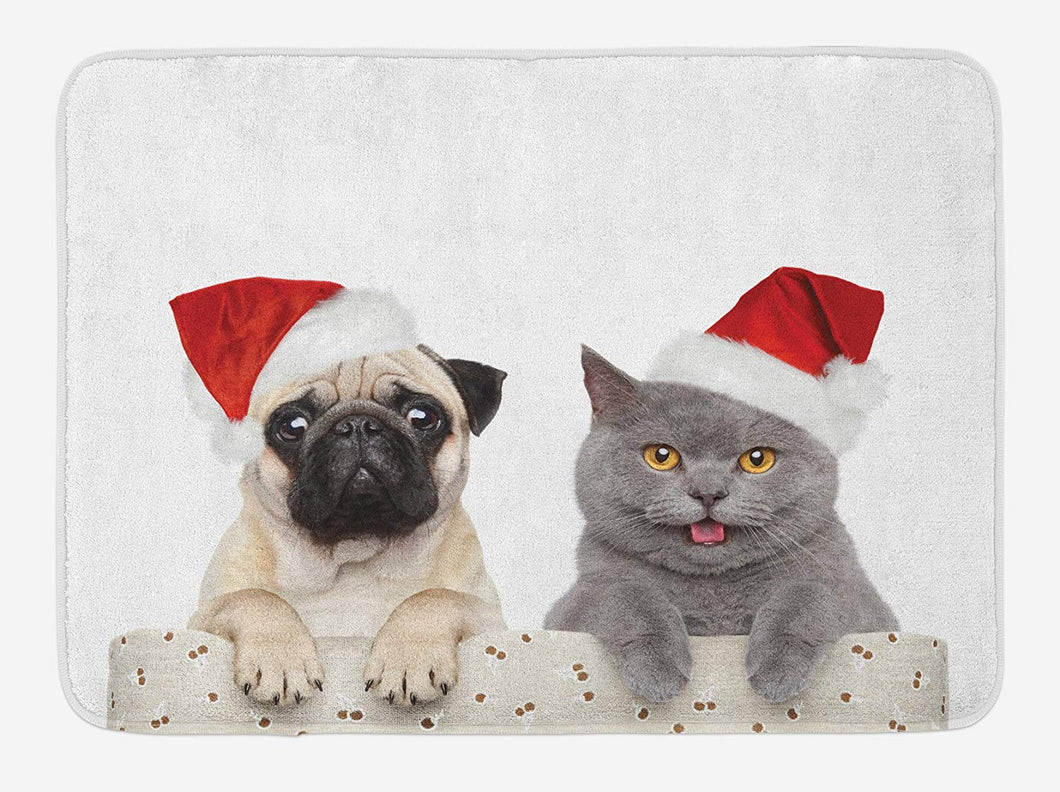 Ambesonne Pug Bath Mat, Christmas Themed Animal Photography a Cat Dog Wearing Santa Hats Print, Plush Bathroom Decor Mat Non Slip Backing, 29.5 W X 17.5 L Inches, Grey Cream Red