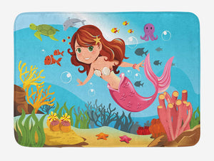 Ambesonne Underwater Bath Mat, Fairy Mermaid Swimming Underwater in The Ocean Smiles Cheerful Happiness Theme, Plush Bathroom Decor Mat with Non Slip Backing, 29.5" X 17.5", Blue Pink