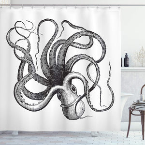 Ambesonne Nautical Decorations Collection, Sealife Sea Monster Octopus Kraken with Tentacles, Polyester Fabric Bathroom Shower Curtain Set with Hooks, Black and White
