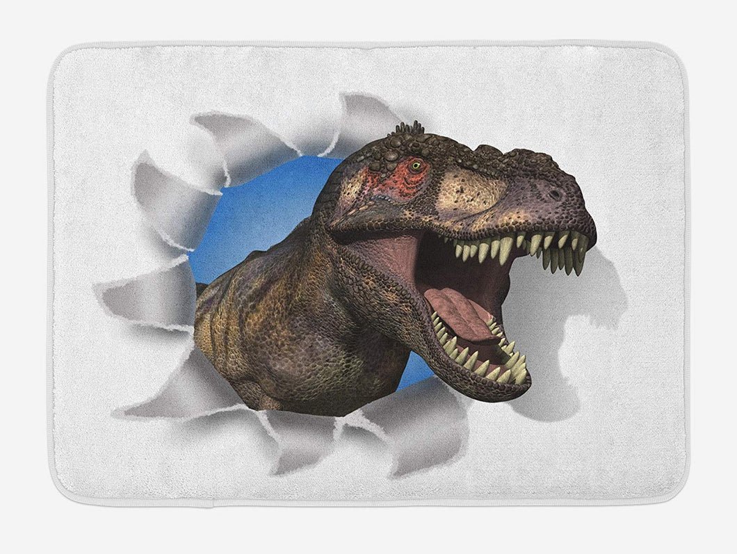 Lunarable Jurassic Bath Mat, Tyrannosaurus Rex Pokes Head Through Paper Wall Dinosaurs Extinct Large, Plush Bathroom Decor Mat with Non Slip Backing, 29.5