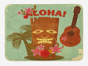 Lunarable Vintage Hawaii Bath Mat, Old School Hawaiian Image with Mask Floral Elements Guitar and Palm Trees, Plush Bathroom Decor Mat with Non Slip Backing, 29.5" X 17.5", Almond Green