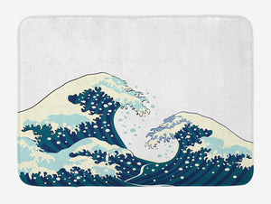 Ambesonne Waves Bath Mat, Japanese Kanagawa Illustration Nautical Ocean Surfing Theme Aquatic Pattern, Plush Bathroom Decor Mat with Non Slip Backing, 29.5" X 17.5", White Navy