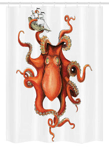 Ambesonne Octopus Stall Shower Curtain, Kraken Octopus Holding Sailing Ship in Tentacles Mythical Monster Nautical Theme, Fabric Bathroom Decor Set with Hooks, 54" X 78", Orange White