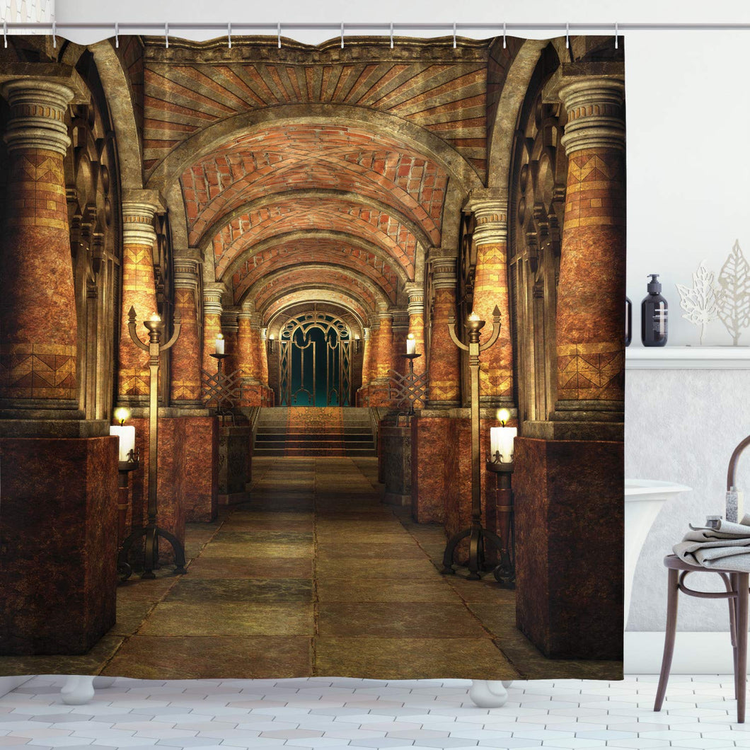Ambesonne Gothic Shower Curtain, Passage Stairways Secret Gateway Mystical Pillars Medieval Building Theme, Cloth Fabric Bathroom Decor Set with Hooks, 84