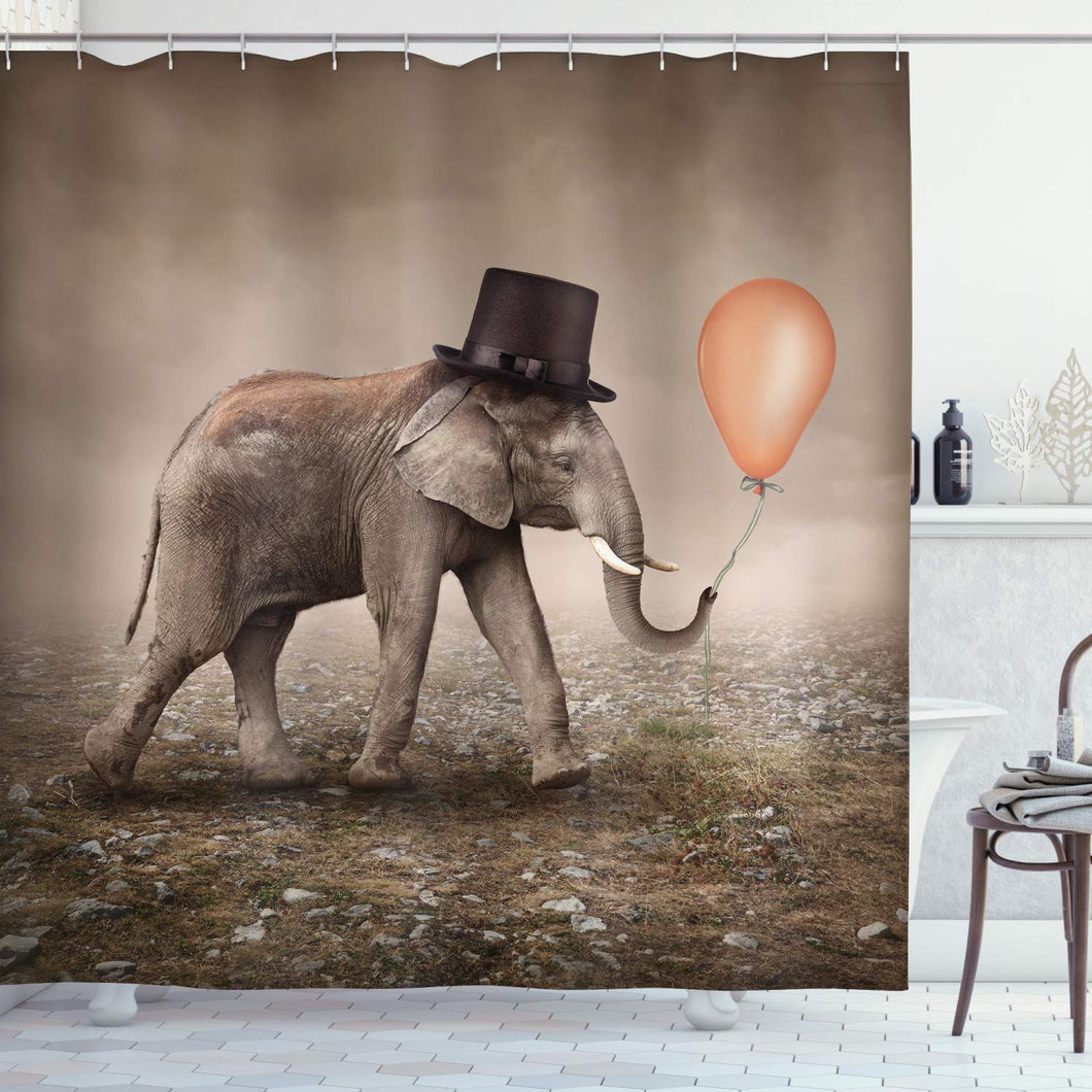 Ambesonne Elephant Shower Curtain, Illusionist Elephant with Black Hat Magic Balloon Dreamy Surreal Art, Cloth Fabric Bathroom Decor Set with Hooks, 70