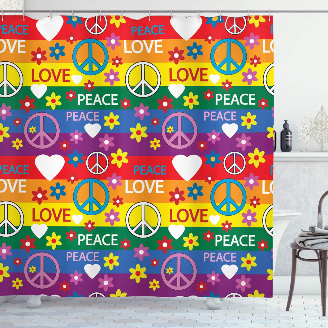 Ambesonne Groovy Shower Curtain, Heart Peace Flower Power Political Hippie Cheerful Colors Festival Joyful, Cloth Fabric Bathroom Decor Set with Hooks, 75