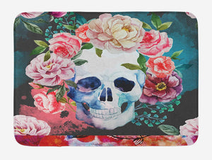 Lunarable Skull Bath Mat, Big Flowers and Skull Floral Design Skeletons All Saints Day Halloween Themed Print, Plush Bathroom Decor Mat with Non Slip Backing, 29.5" X 17.5", Pink Green
