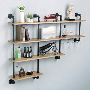 Cheap mbqq 4 tiers 63inch industrial pipe shelving rustic wooden metal floating shelves home decor shelves wall mount with wine rack decorative accent wall book shelf for kitchen or office organizer black