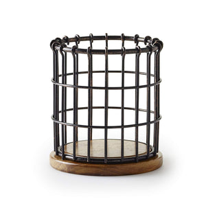 Pfaltzgraff Anvil Cage Wire And Acacia Wood Utensil Holder, Black
