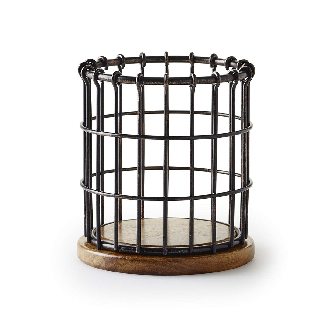 Pfaltzgraff Anvil Cage Wire And Acacia Wood Utensil Holder, Black