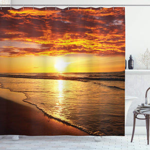 Ambesonne Hawaiian Decor Collection, Scenery Picture Print of Beach and Sunset Ocean Waves Print, Polyester Fabric Bathroom Shower Curtain Set with Hooks, Gold Orange Dark Ecru