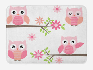 Ambesonne Owl Bath Mat, Baby Owls Waving in The Floral Tree Springtime Girly Design Print, Plush Bathroom Decor Mat with Non Slip Backing, 29.5" X 17.5", Pink Green