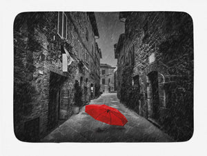 Ambesonne Black and White Bath Mat, Red Umbrella on a Dark Narrow Street in Tuscany Italy Rainy Winter, Plush Bathroom Decor Mat with Non Slip Backing, 29.5" X 17.5", Light Brown