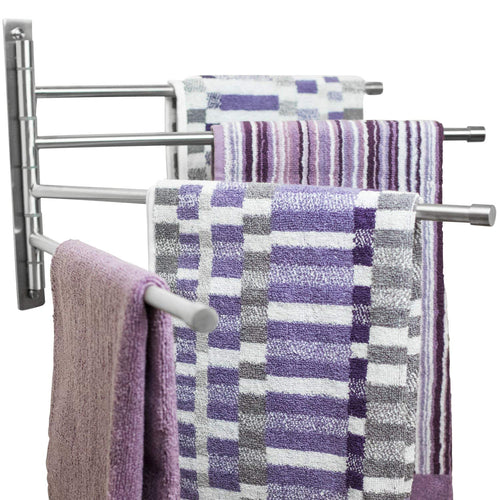Swivel Towel Rack - Stainless Steel Swing Out Towel Bar - Space Saving Swinging Towel Bar for Bathroom - Wall Mounted Towel Holder Organizer with 4 Arms- Easy To Install - Brushed Finish (17