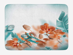 Ambesonne Tropical Bath Mat, Tropical Orchids Blossom Leaves on Blurred Background Floral Themed Modern Art, Plush Bathroom Decor Mat with Non Slip Backing, 29.5" X 17.5", Orange Teal