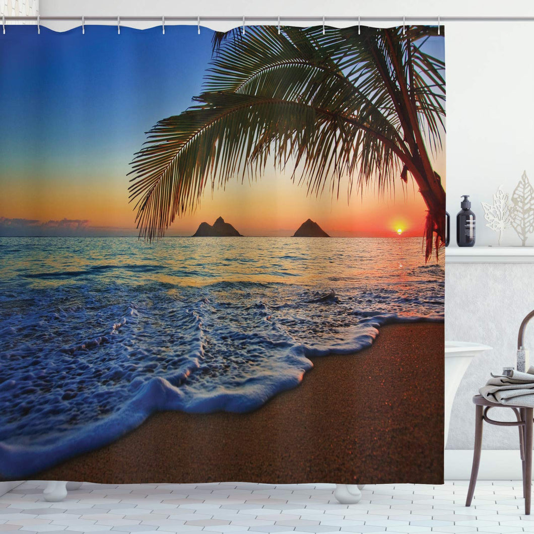 Ambesonne Hawaiian Shower Curtain, Pacific Sunrise at Lanikai Beach Hawaii Colorful Sky Wavy Ocean Surface Scene, Cloth Fabric Bathroom Decor Set with Hooks, 84