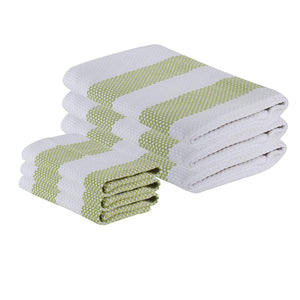 The Weaver's Blend Set of 3 Kitchen Towels + 3 Dish Cloths, Basket Weave, 100% Cotton, Absorbent, Size 28”x18” and 12’x12”, Green Stripe,Kitchen Towels and Dish Cloths