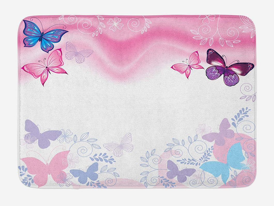 Lunarable Princess Bath Mat, Flowers and Butterflies Curly Wavy Leaves Insect Summertime Design, Plush Bathroom Decor Mat with Non Slip Backing, 29.5