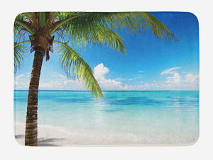 Ambesonne Ocean Bath Mat, Exotic Beach Water and Palm Tree by The Shore with Clear Sky Landscape Image, Plush Bathroom Decor Mat with Non Slip Backing, 29.5" X 17.5", Green Blue