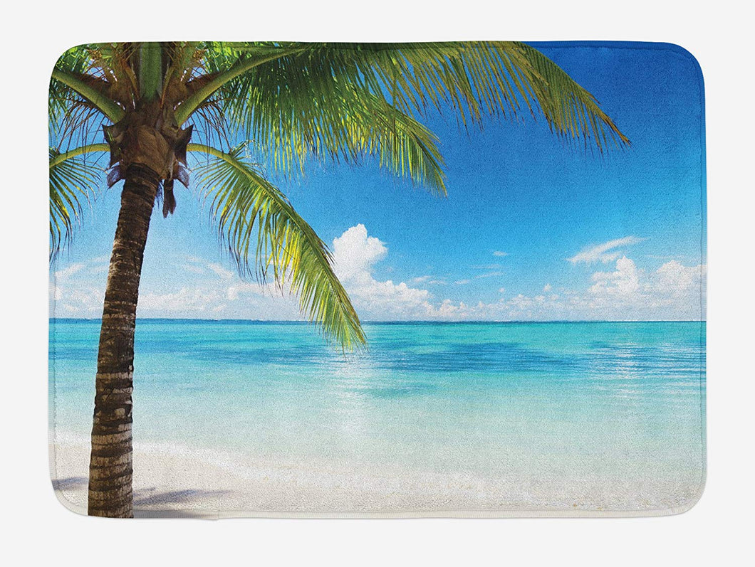 Ambesonne Ocean Bath Mat, Exotic Beach Water and Palm Tree by The Shore with Clear Sky Landscape Image, Plush Bathroom Decor Mat with Non Slip Backing, 29.5