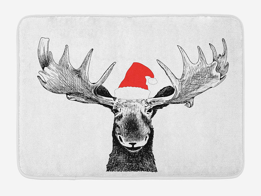 Lunarable Moose Bath Mat, Funny Christmas Moose with Antlers and Santa Claus Hat Xmas Celebrations Themed Print, Plush Bathroom Decor Mat with Non Slip Backing, 29.5 W X 17.5 L Inches, Grey Red