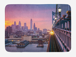 Ambesonne American Bath Mat, Philadelphia Under a Hazy Sunset Train on Vibrant Bridge Skyscrapers Landscape, Plush Bathroom Decor Mat with Non Slip Backing, 29.5 W X 17.5 L Inches, Purple Blue