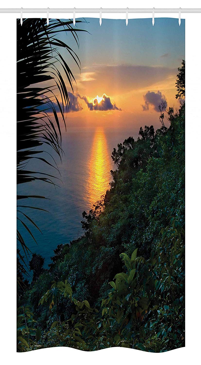 Ambesonne Rainforest Stall Shower Curtain, Rainforest Sunrise on Ocean Seaside Hills Tropical Plants Leaves Print, Fabric Bathroom Decor Set with Hooks, 36