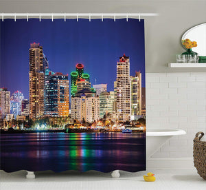 Ambesonne Apartment Decor Collection, Colorful Skyline San Diego at Night North San Diego Bay Boats Architecture Urban Picture, Polyester Fabric Bathroom Shower Curtain Set with Hooks, Navy