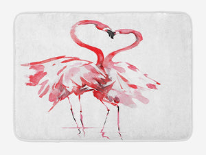 Ambesonne Flamingo Bath Mat, Flamingo Couple Kissing Romance Passion Partners in Love Watercolor Effect, Plush Bathroom Decor Mat with Non Slip Backing, 29.5" X 17.5", Coral White