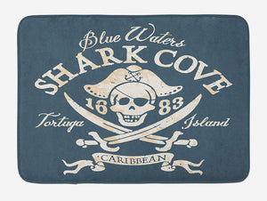 Lunarable Pirate Bath Mat, Shark Cove Tortuga Island Caribbean Waters Retro Jolly Roger, Plush Bathroom Decor Mat with Non Slip Backing, 29.5 W X 17.5 W Inches, Slate Blue White Pale Mustard