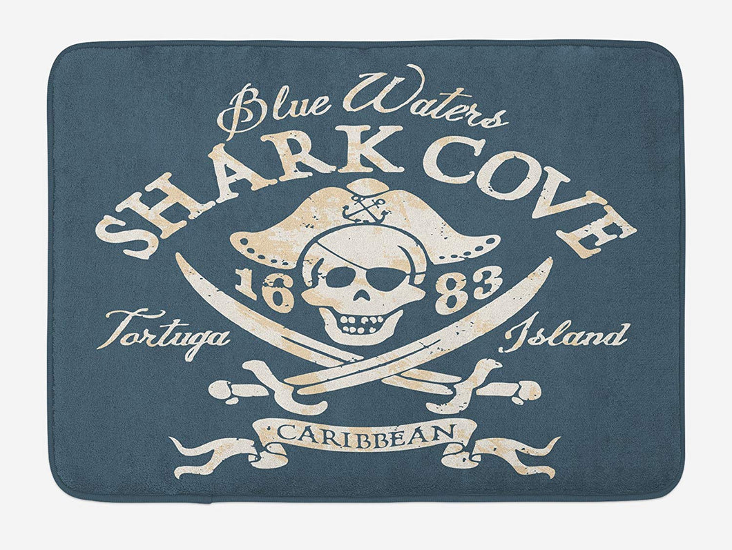 Lunarable Pirate Bath Mat, Shark Cove Tortuga Island Caribbean Waters Retro Jolly Roger, Plush Bathroom Decor Mat with Non Slip Backing, 29.5 W X 17.5 W Inches, Slate Blue White Pale Mustard