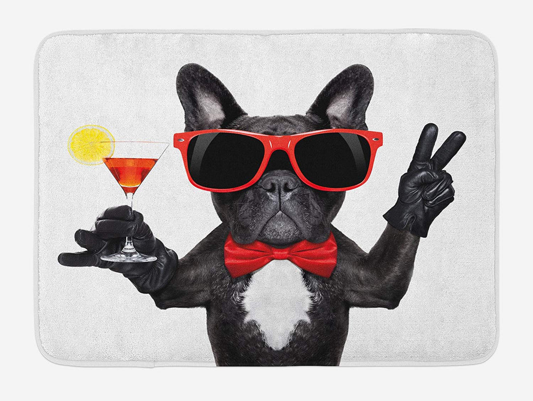 Lunarable Funny Bath Mat, French Bulldog Holding Martini Cocktail Ready for The Party Nightlife Joy Print, Plush Bathroom Decor Mat with Non Slip Backing, 29.5