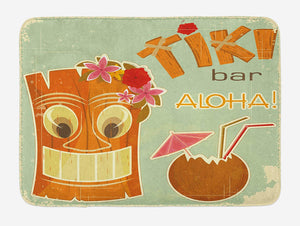Ambesonne Tiki Bar Bath Mat, Invitation to Tiki Bar Old Fashion Display Coconut Drink Mask and Flowers Print, Plush Bathroom Decor Mat with Non Slip Backing, 29.5 W X 17.5 L Inches, Multicolor