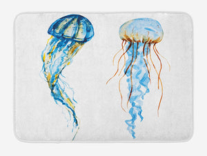 Ambesonne Jellyfish Bath Mat, Jellyfish Exotic Sea Ocean Creature Aquatic Animals Watercolor Raster Graphic, Plush Bathroom Decor Mat with Non Slip Backing, 29.5" X 17.5", Blue