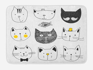 Ambesonne Cat Bath Mat, Stylish Cats with Moustache Bow Tie Hat Crown Fluffy and Fish Humor Faces Graphic, Plush Bathroom Decor Mat with Non Slip Backing, 29.5 W X 17.5 L Inches, Yellow Grey