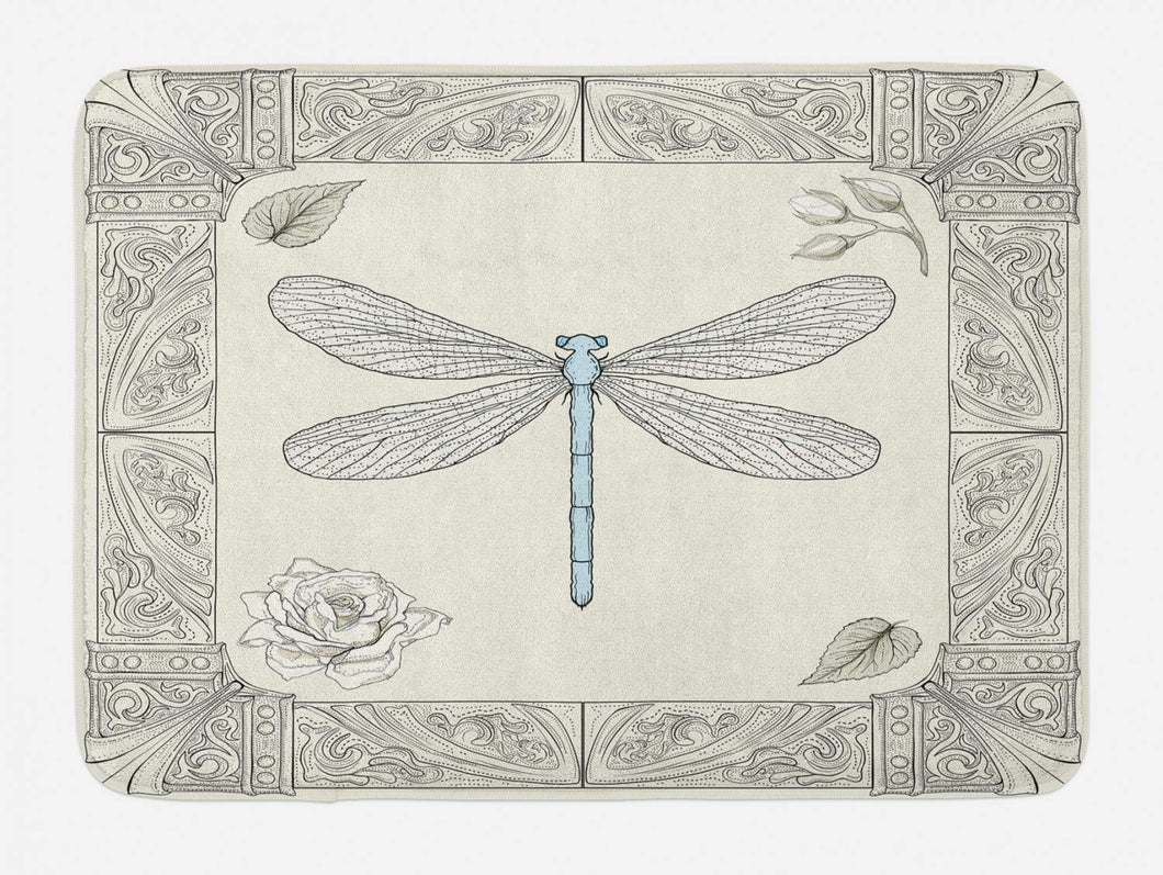 Ambesonne Dragonfly Bath Mat, Hand Drawn Royal Style Rose Petals Leaves and Ornate Design, Plush Bathroom Decor Mat with Non Slip Backing, 29.5