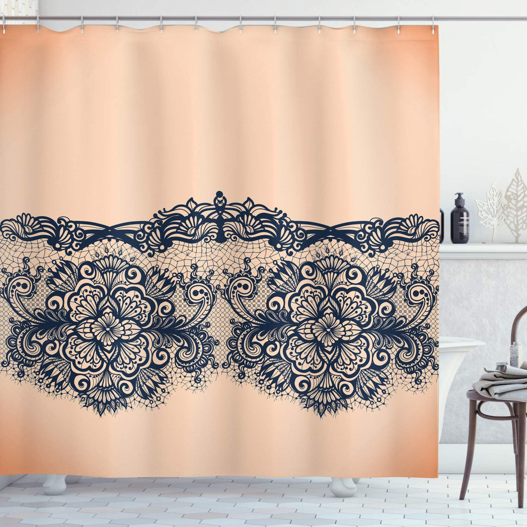 Ambesonne Abstract Shower Curtain, Lace Detailed Image with Orange Like Ombre Background with Floral Design, Fabric Bathroom Decor Set with Hooks, 70 Inches, Peach and Indigo