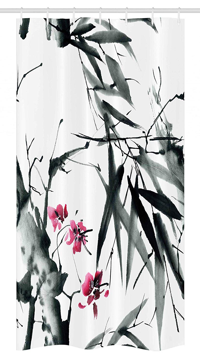 Ambesonne Japanese Stall Shower Curtain, Natural Bamboo Stems Cherry Blossom Japanese Inspired Folk Print, Fabric Bathroom Decor Set with Hooks, 36