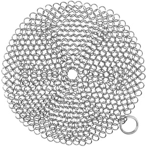Cast Iron Cleaner, HIPPIH Cast Iron Scrubber, 316 Stainless Steel Chainmail Scrubber with Corner Ring, Anti-Rust Cleaner for Cookware, 7 x 7 inch Diameter Large, Round