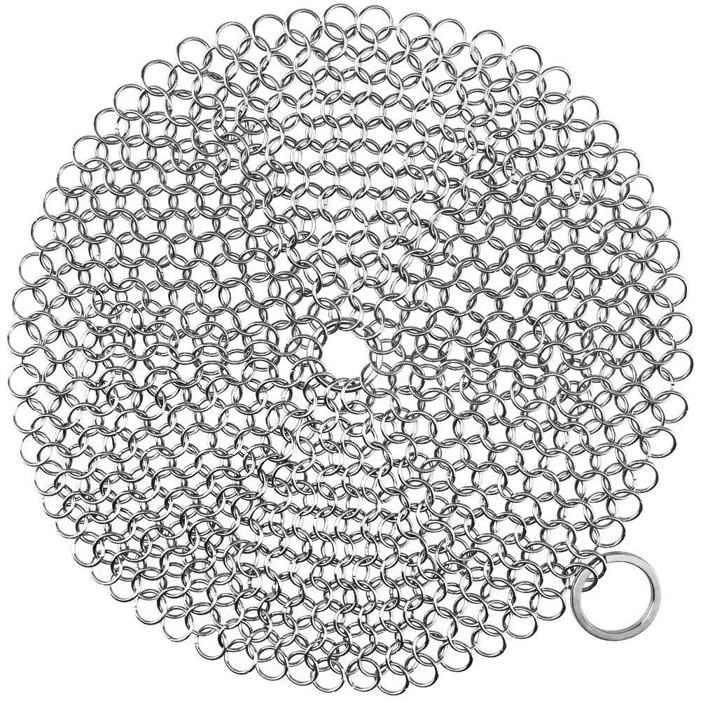 Cast Iron Cleaner, HIPPIH Cast Iron Scrubber, 316 Stainless Steel Chainmail Scrubber with Corner Ring, Anti-Rust Cleaner for Cookware, 7 x 7 inch Diameter Large, Round