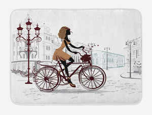 Ambesonne Teen Room Bath Mat, Young Girl in Paris Streets Bicycle French Style Display, Plush Bathroom Decor Mat with Non Slip Backing, 29.5" X 17.5", Brown Chestnut